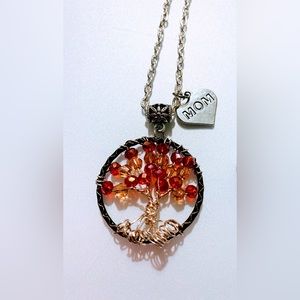 Red and amber crystal beaded tree necklace with mom charm
